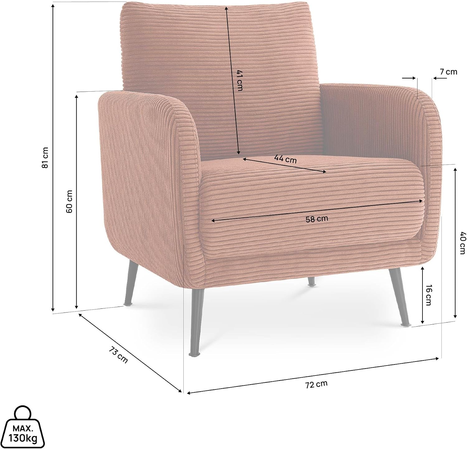 Fauteuil Design Velours côtelé Emma Terracotta 71 x 75 x 81 cm, Style Contemporain, revêtement Tout Doux, Lignes épurées, Salon Chambre Bureau, livré en kit, tolérance +/- 3 cm
