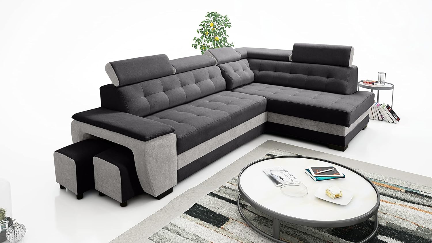 Grand Canapé d'angle Noir Argent Convertible Droit Noir/Argent Droite