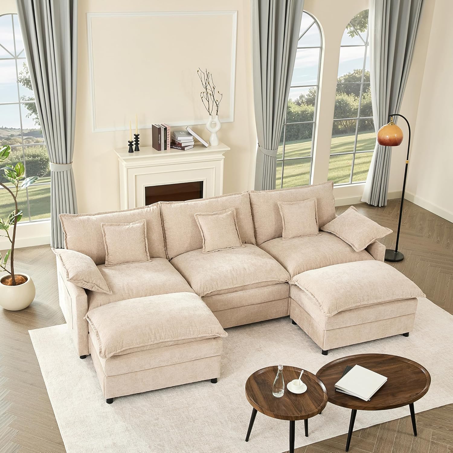 Litbird Canapé d’Angle Modulable en U 274 cm – 3 Places avec Repose-Pieds Amovible – Canapé Profond pour Salon, Meuble de Salon Moderne (Marron Clair)