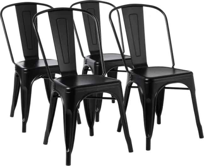 Amazon Basics Lot de 4 chaises de Salle à Manger empilables en métal avec Dossier pour bistrot, Cuisine, intérieur et extérieur, Noir, 51 x 43 x 85 cm