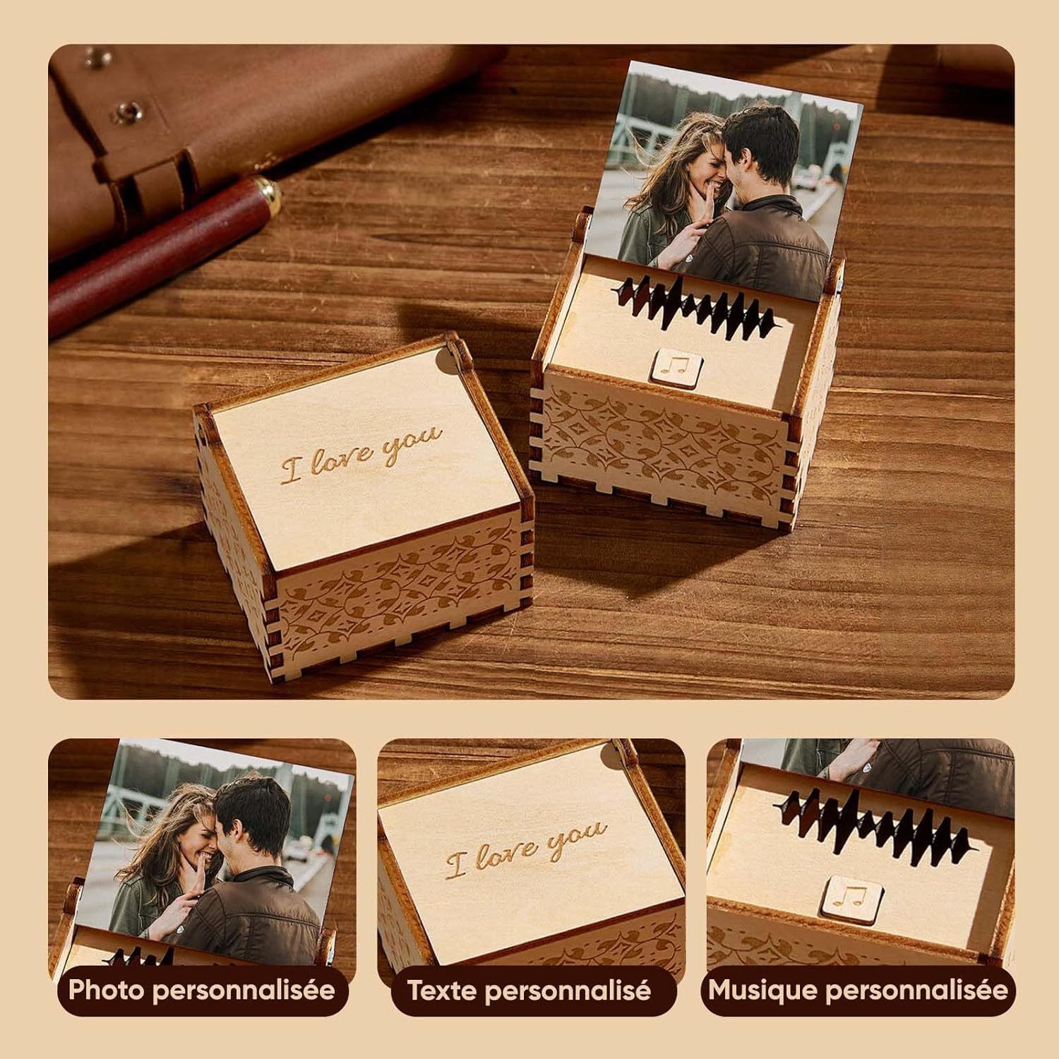 Boîte à Musique Personnalisée avec Photo et Texte, Cadeau Couple Personnalisable pour Femme Homme, Boite a Musique en Bois pour Décoration Intérieure, Cadeaux pour Saint-Valentin Anniversaire Mariage 01