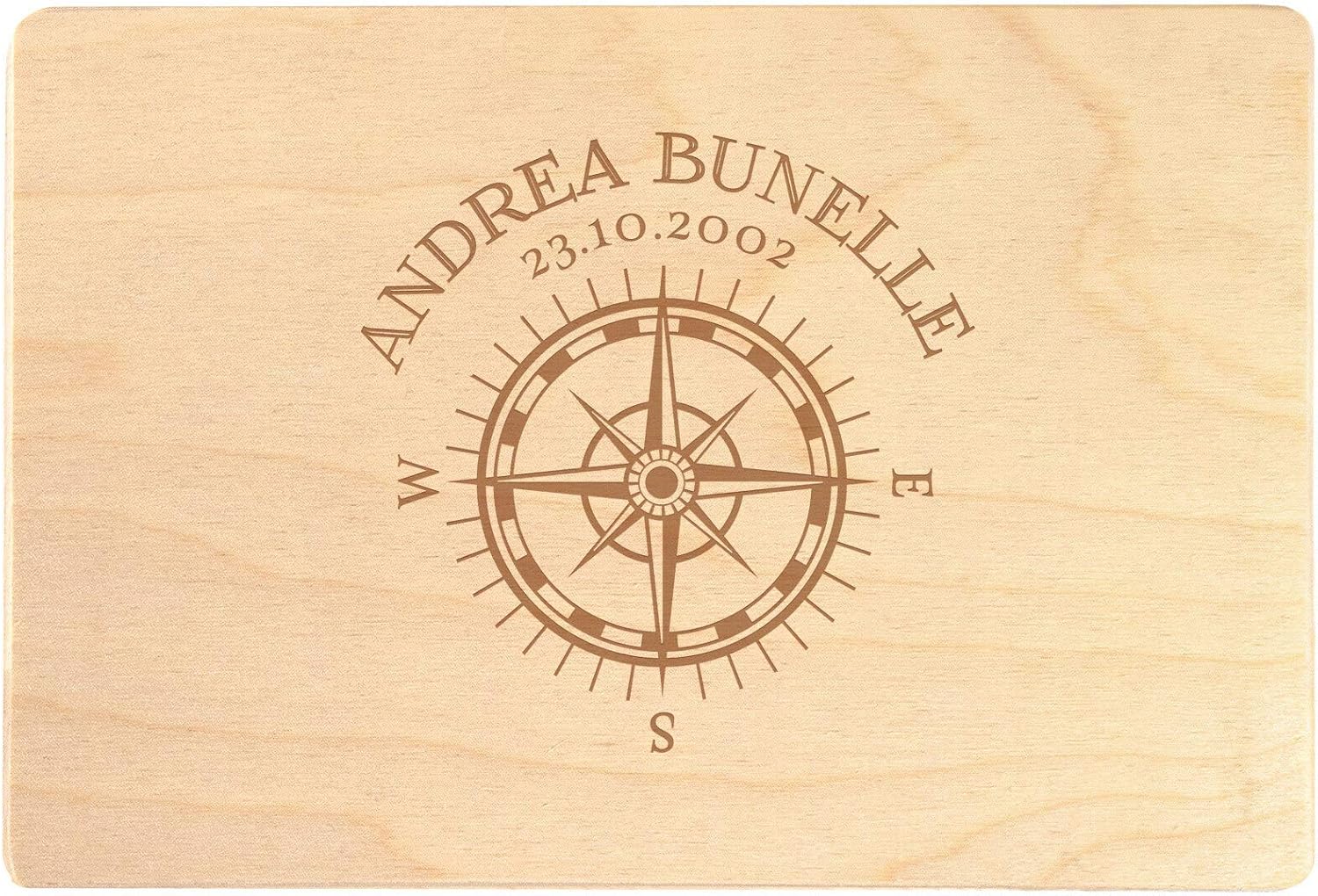 Boîte à Souvenirs en Bois de Pin avec Couvercle, Gravure Personnalisée Rose des Vents avec Nom et Date, 30 x 20 x 14 cm