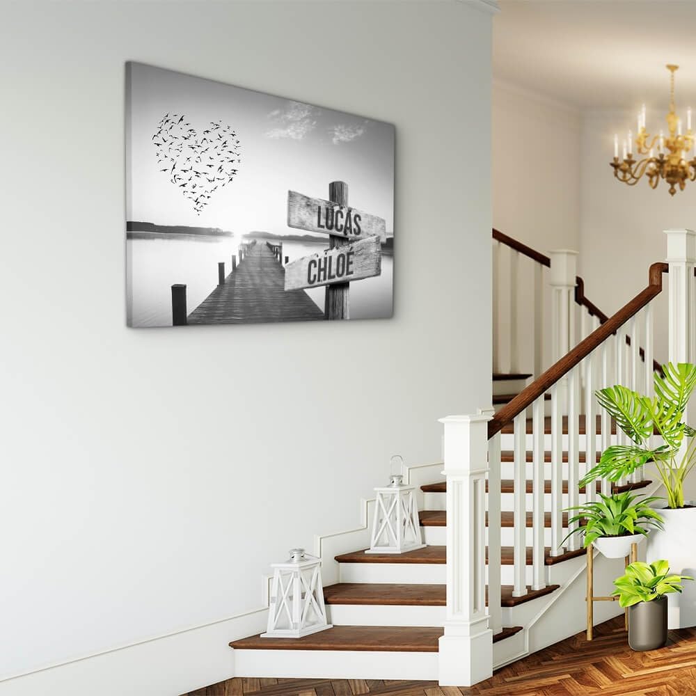 Toile personnalisée avec cadre prénom famille Coeur et ponton coucher de soleil Noir et Blanc tableau … (60 x 40 cm) 60L x 40l cm