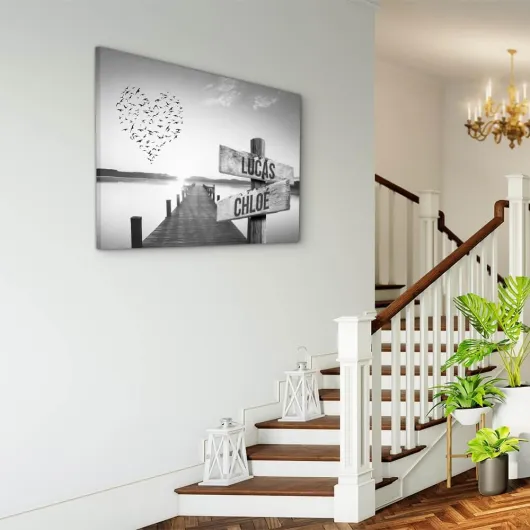 Toile personnalisée avec cadre prénom famille Coeur et ponton coucher de soleil Noir et Blanc tableau … (60 x 40 cm) 60L x 40l cm