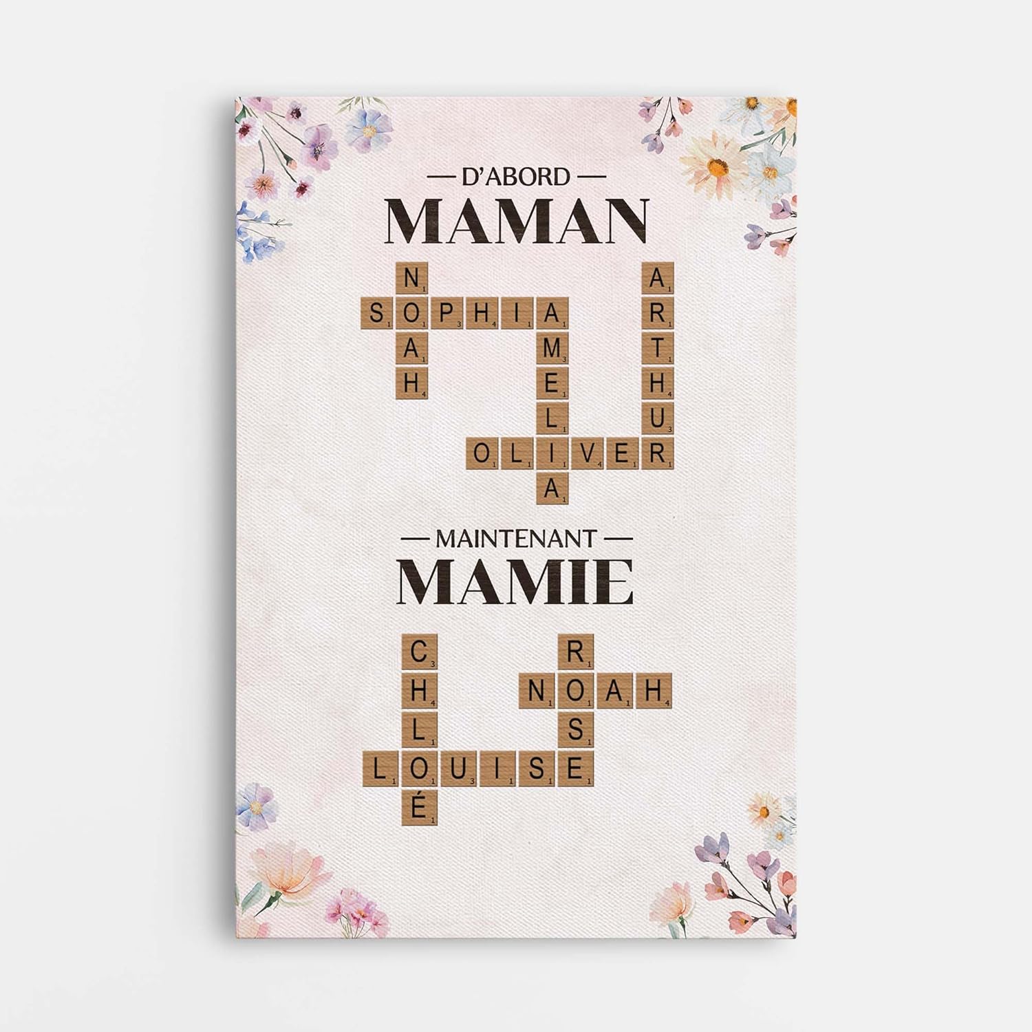 Toile Personnalisé - D'abord Maman Maintenant Mamie - Tableau personnalisé pour maman, toile personnalisée avec prenom, cadeau fete des meres, Cadre mamie (Modèle #1)