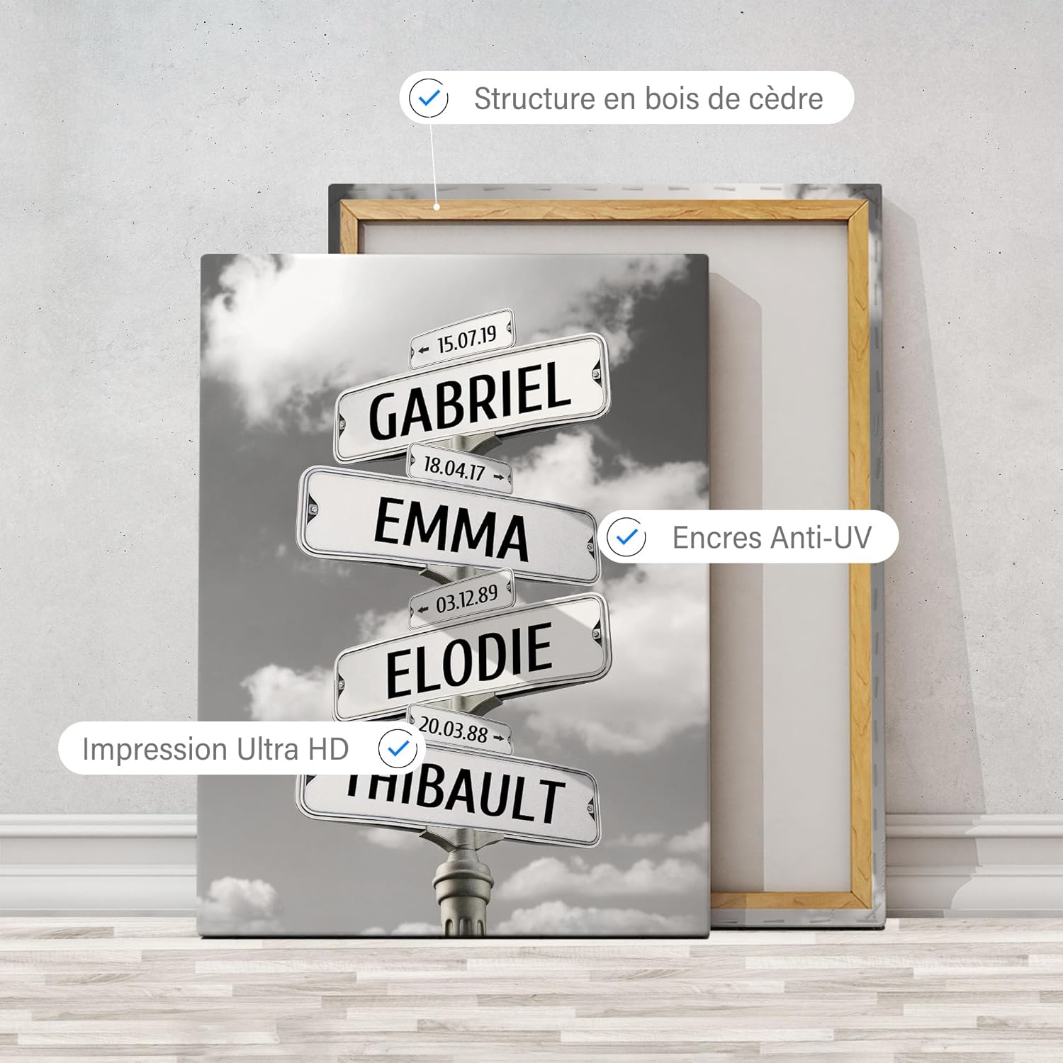 Tableau Personnalisé Famille Nuages Noir et blanc pour Décoration Murale de Salon - Idée de Cadeau Personnalisé Femme ou Homme - Cadre Personnalisé pour Anniversaire - Objet Personnalisé avec Prénom