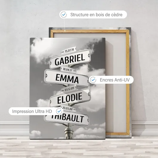Tableau Personnalisé Famille Nuages Noir et blanc pour Décoration Murale de Salon - Idée de Cadeau Personnalisé Femme ou Homme - Cadre Personnalisé pour Anniversaire - Objet Personnalisé avec Prénom