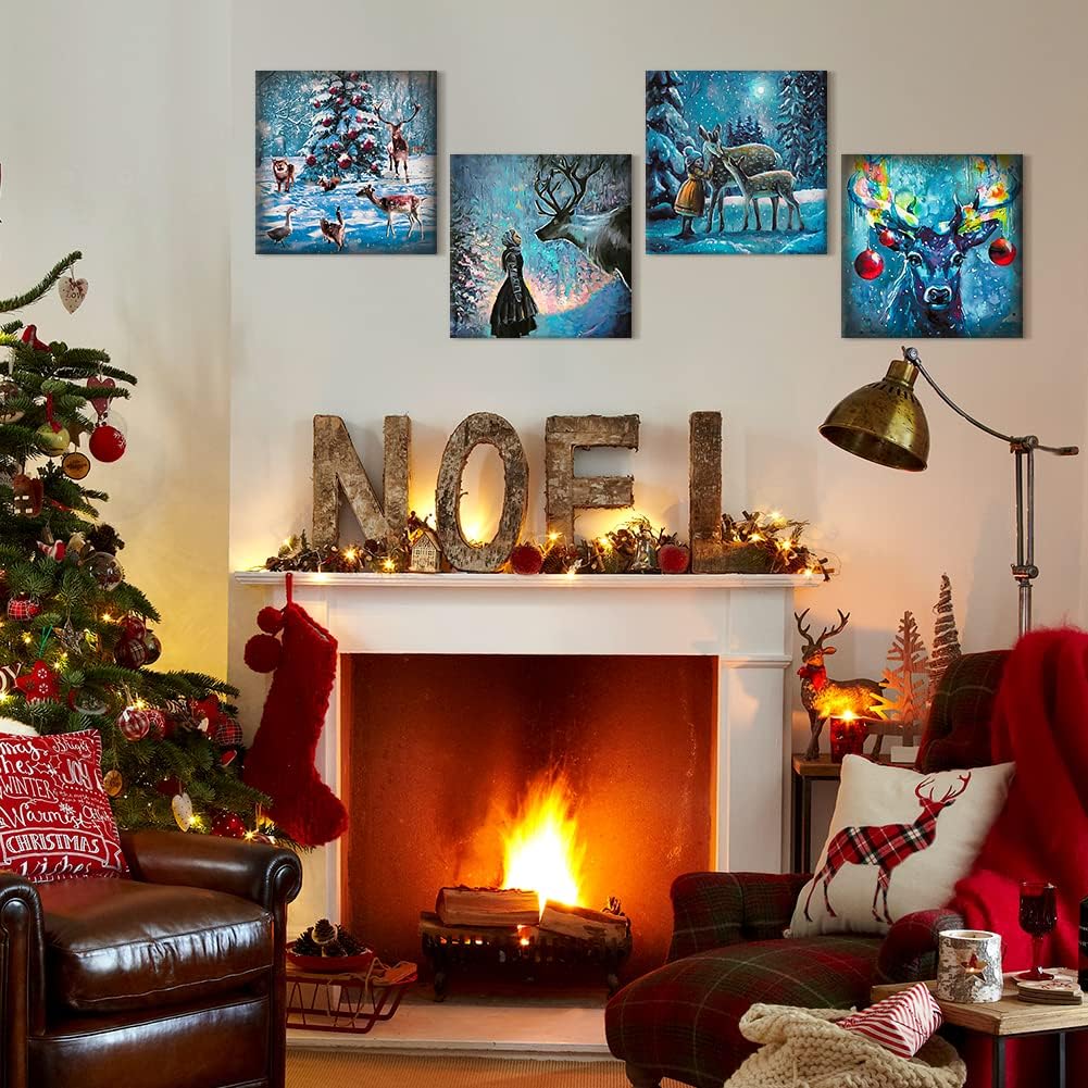 Artscope 4 Parties Impression sur Toile de Noël - Elk et Snow Night Impression sur Toile Décoration Murale pour Chambre Peintures à l'huile pour Maison Bain Salon Chambre 30x30CM Elk et Snow Night 30x30CM