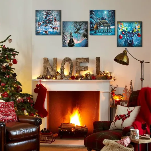 Artscope 4 Parties Impression sur Toile de Noël - Elk et Snow Night Impression sur Toile Décoration Murale pour Chambre Peintures à l'huile pour Maison Bain Salon Chambre 30x30CM Elk et Snow Night 30x30CM