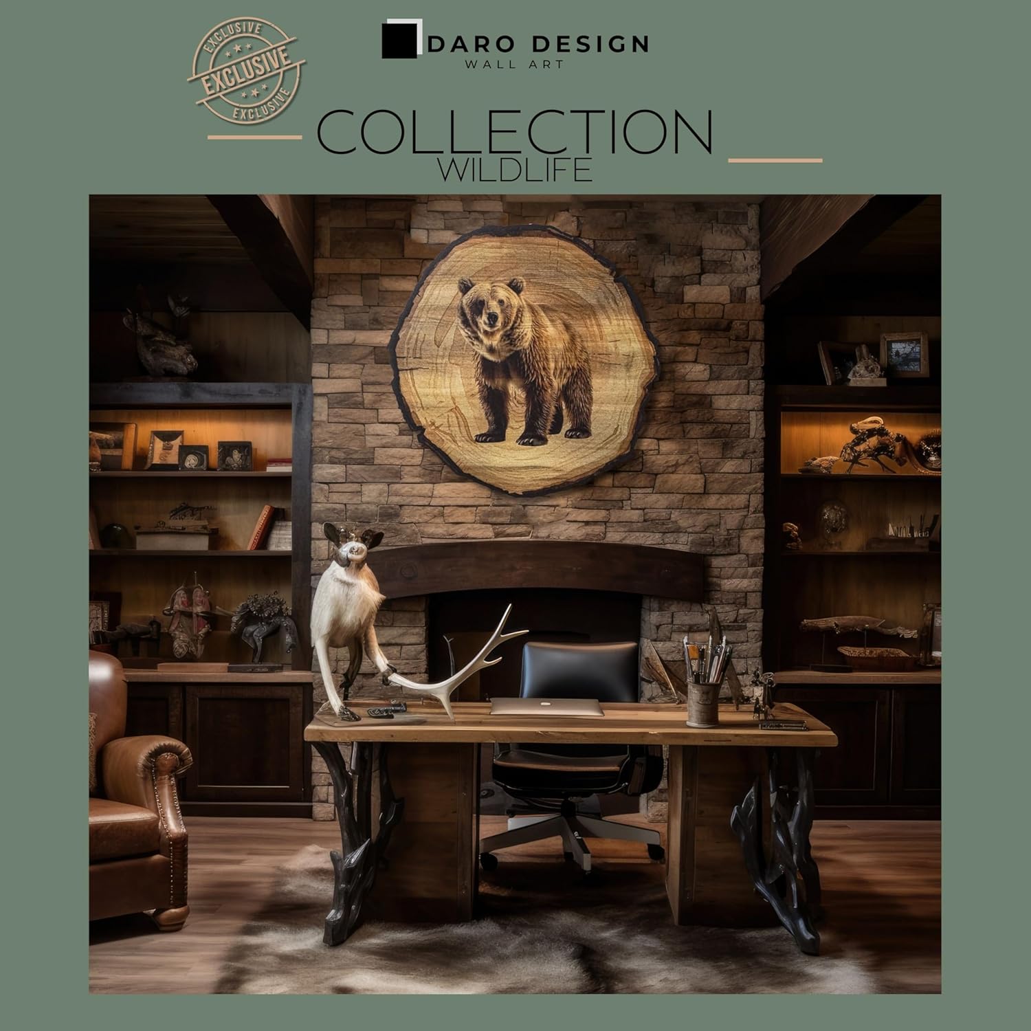 DARO Design - Image mural Ours Taille 45 cm - Impression d'art prête à accrocher - Décoration murale sur le thème de la chasse, de la nature, des animaux Ours 45L x 45B cm