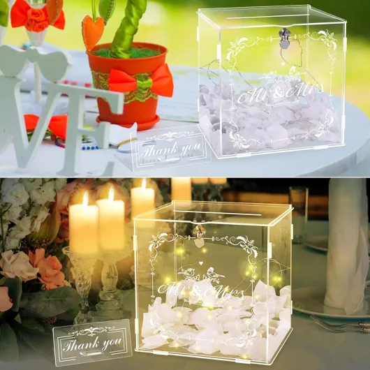 Herenear Boîte à Cartes de Mariage en Acrylique, Boite à Enveloppe avec Serrure pour Anniversaire, Fête, Réception