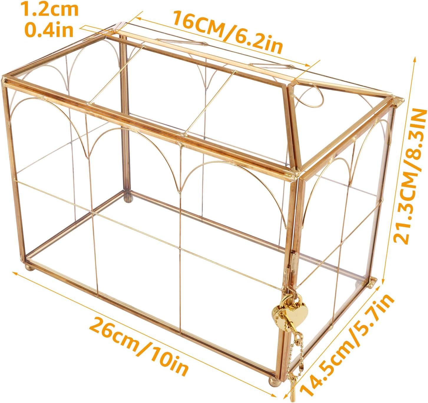 Boîte à cartes verre fente serrure mariage réception fête souvenir don terrarium géométrique décoratif boîte cadeau 26x14,5x21,3cm doré