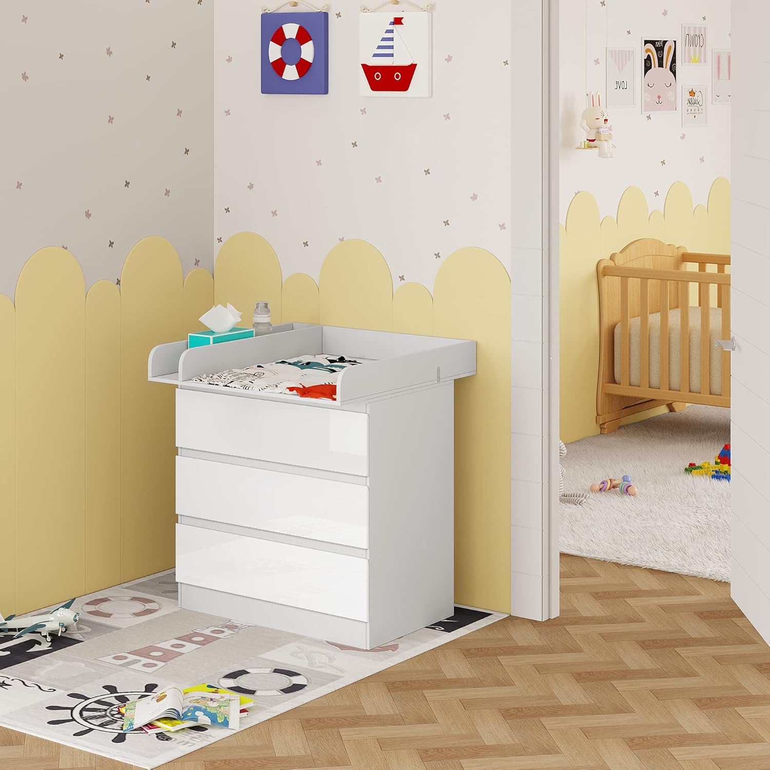 Table à Langer + Commode avec 3 Tiroirs, Ensemble Meuble à langer pour Bébé, en Bois d'Ingénierie, Blanc + Blanc Brillant, 40x80x78cm