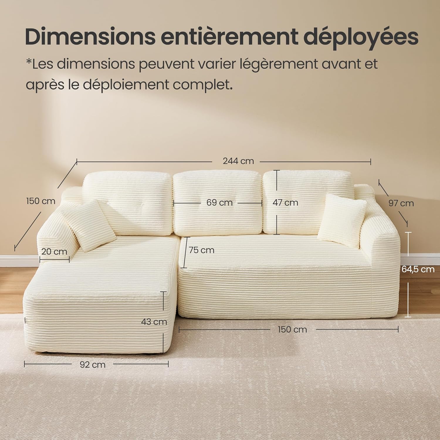 Canapé d’Angle, Canapé Modulable 244 cm, Livré Compressé en Colis, sans Montage, avec Grande Méridienne à Gauche, pour Salon, Chambre d’Amis, Blanc Crème LCS183WD01 Blanc Crème Grande méridienne à gauche