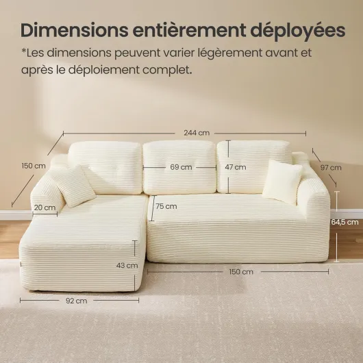 Canapé d’Angle, Canapé Modulable 244 cm, Livré Compressé en Colis, sans Montage, avec Grande Méridienne à Gauche, pour Salon, Chambre d’Amis, Blanc Crème LCS183WD01 Blanc Crème Grande méridienne à gauche