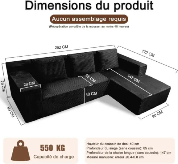 Canapé Sectionnel Nuage de 103 Pouces avec Chaise Longue en Forme de L, Canapé Modulaire Minimaliste Moderne avec Assise Profonde, Méridienne Gauche, pour Salon et Appartement, Gris Foncé - sans montage Canapé L gauche nuage Dark Gray Or Black