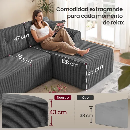Canapé d’Angle, Canapé Modulable 244 cm, Livré Compressé en Colis, sans Montage, avec Grande Méridienne à Droite, pour Salon, Chambre d’Amis, Gris Ardoise LCS184GN01 Gris Ardoise Grande méridienne à droite