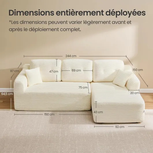 Canapé d’Angle, Canapé Modulable 244 cm, Livré Compressé en Colis, sans Montage, avec Grande Méridienne à Droite, pour Salon, Chambre d’Amis, Blanc Crème LCS184WD01 Blanc Crème Grande méridienne à droite