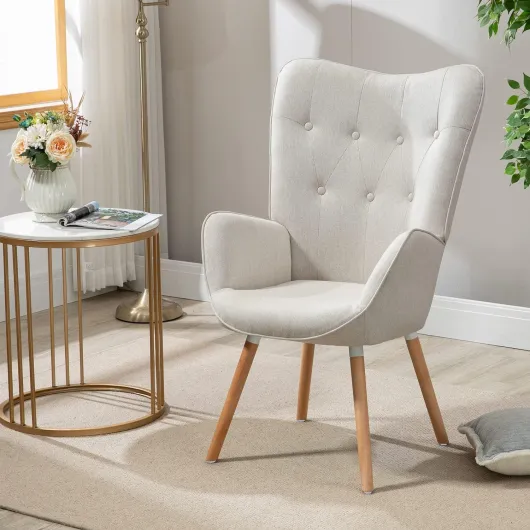 Fauteuil Salon Scandinave Confortable Chaise de Coiffeuse Canapé de Loisirs pour Chambre Salle à Manger Bureau avec Assise Épais Accoudoirs Rembourés en Tissu Pieds Bois Massif, Beige