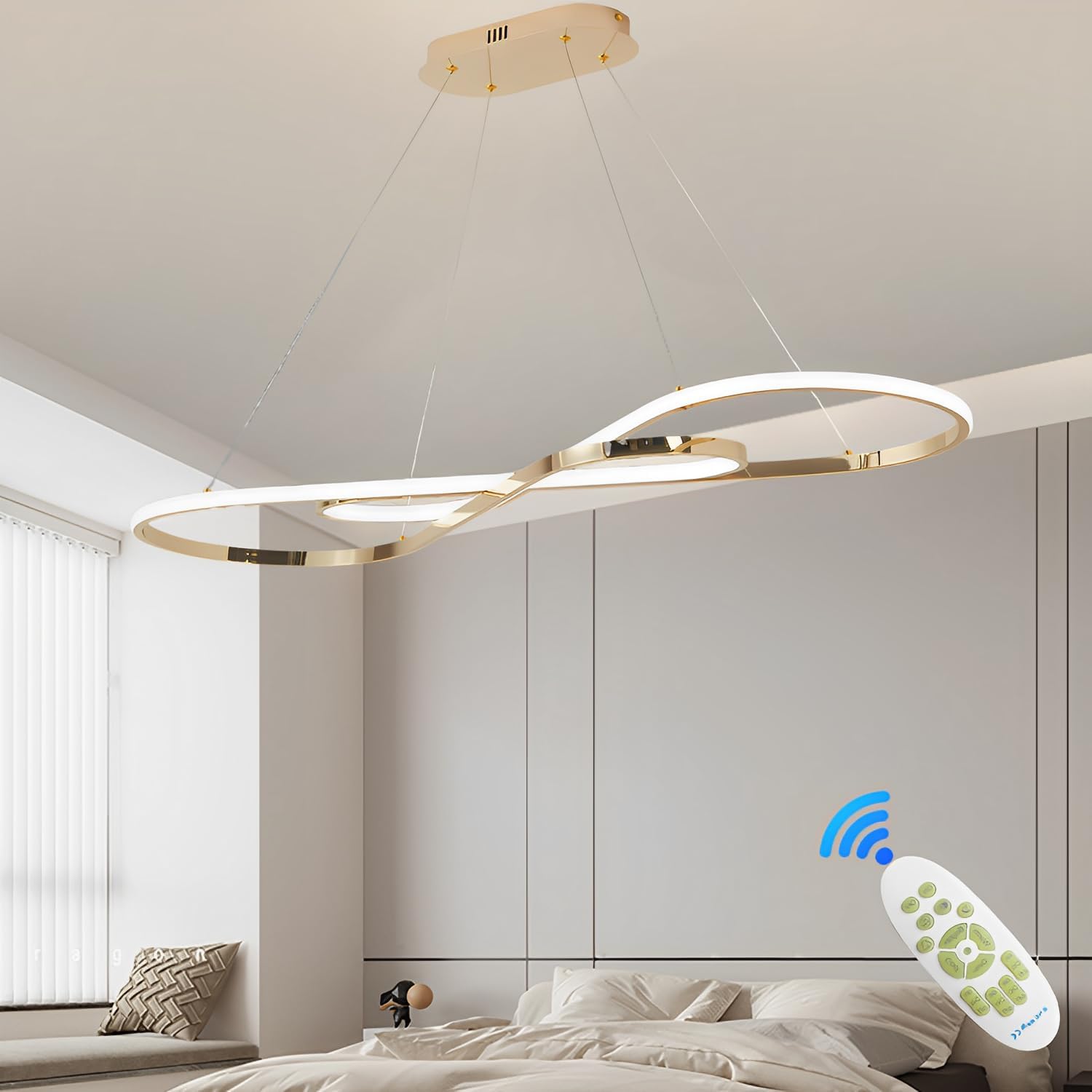 Suspension Luminaire LED Table à Manger, 57W Suspension or Dimmable avec Télécommande, Lustre Design Moderne Double 8, Réglable en Hauteur, Lampe à Suspension pour Salon, Bureau, Îlot Cuisine Plaqué Or