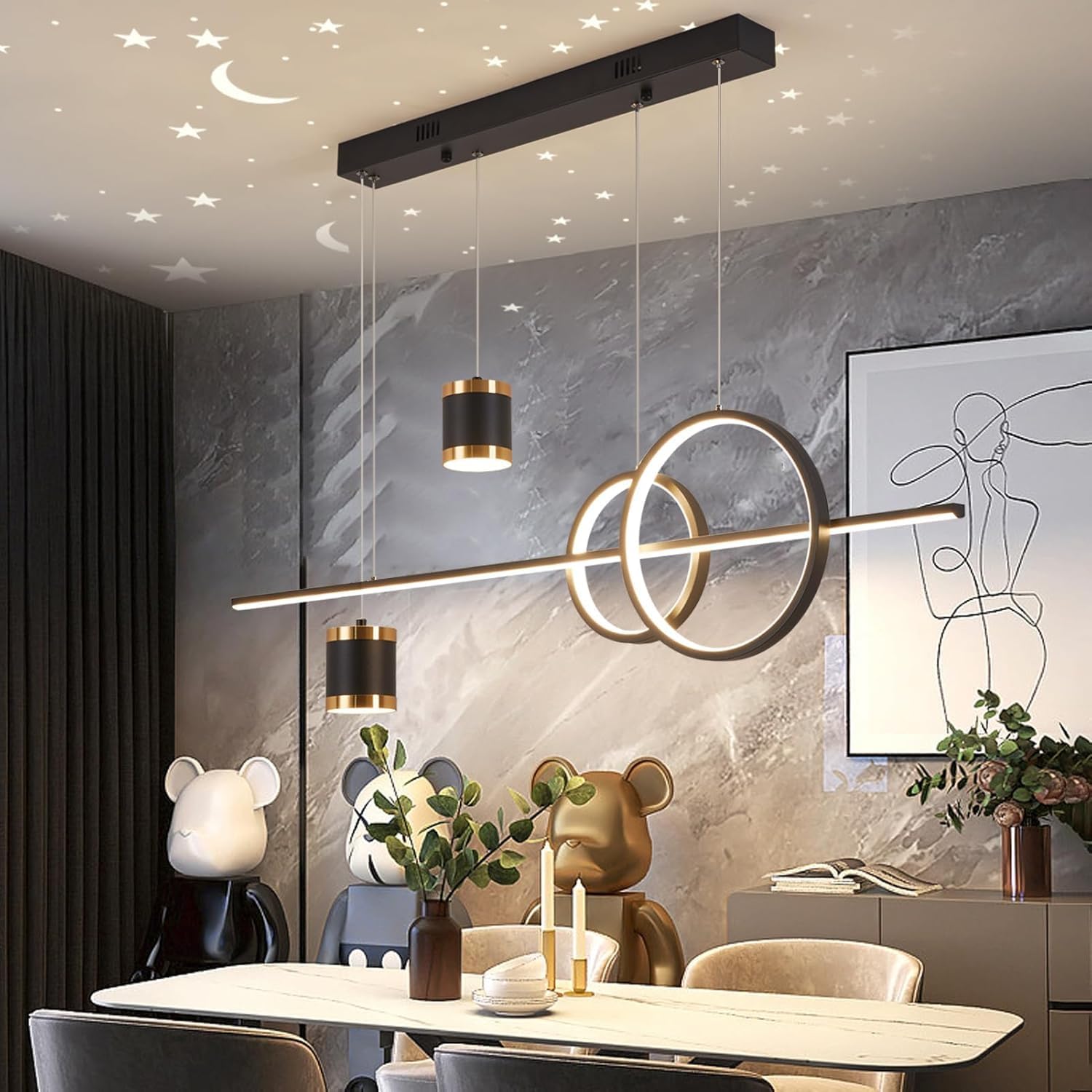 Suspension LED Salle à Manger Dimmable Suspension Table à Manger noir Lampe Suspendue Moderne avec Télécommande Suspension Design Linéaire Suspension Réglable en Hauteur Lampe, 48W Noir-1