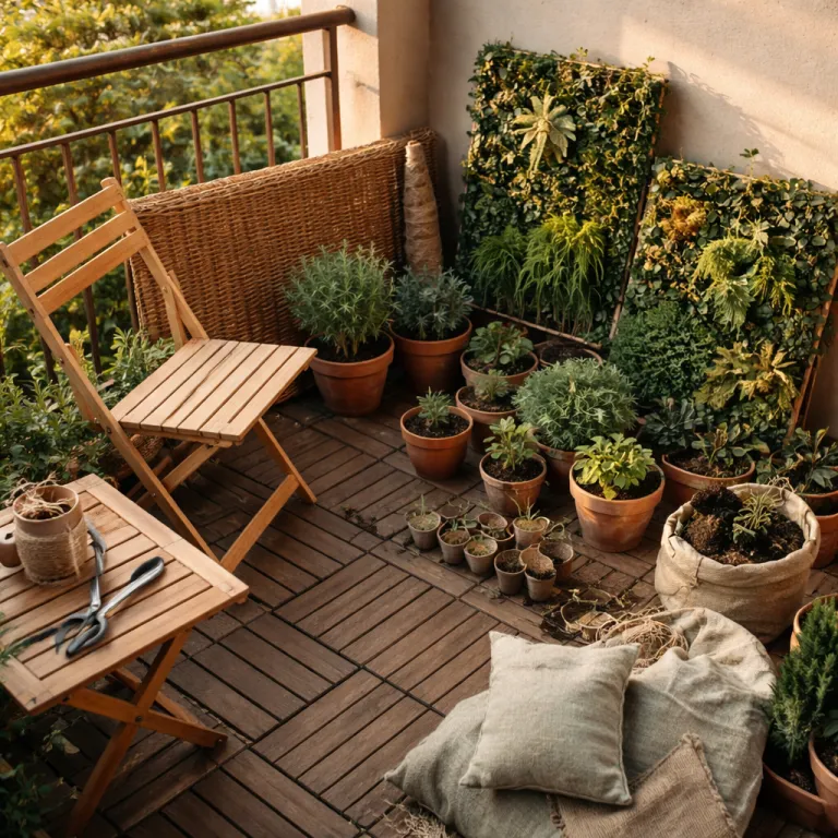 Petit balcon de quatre mètres carrés : mobilier pliant, éclairage doux et mur végétal