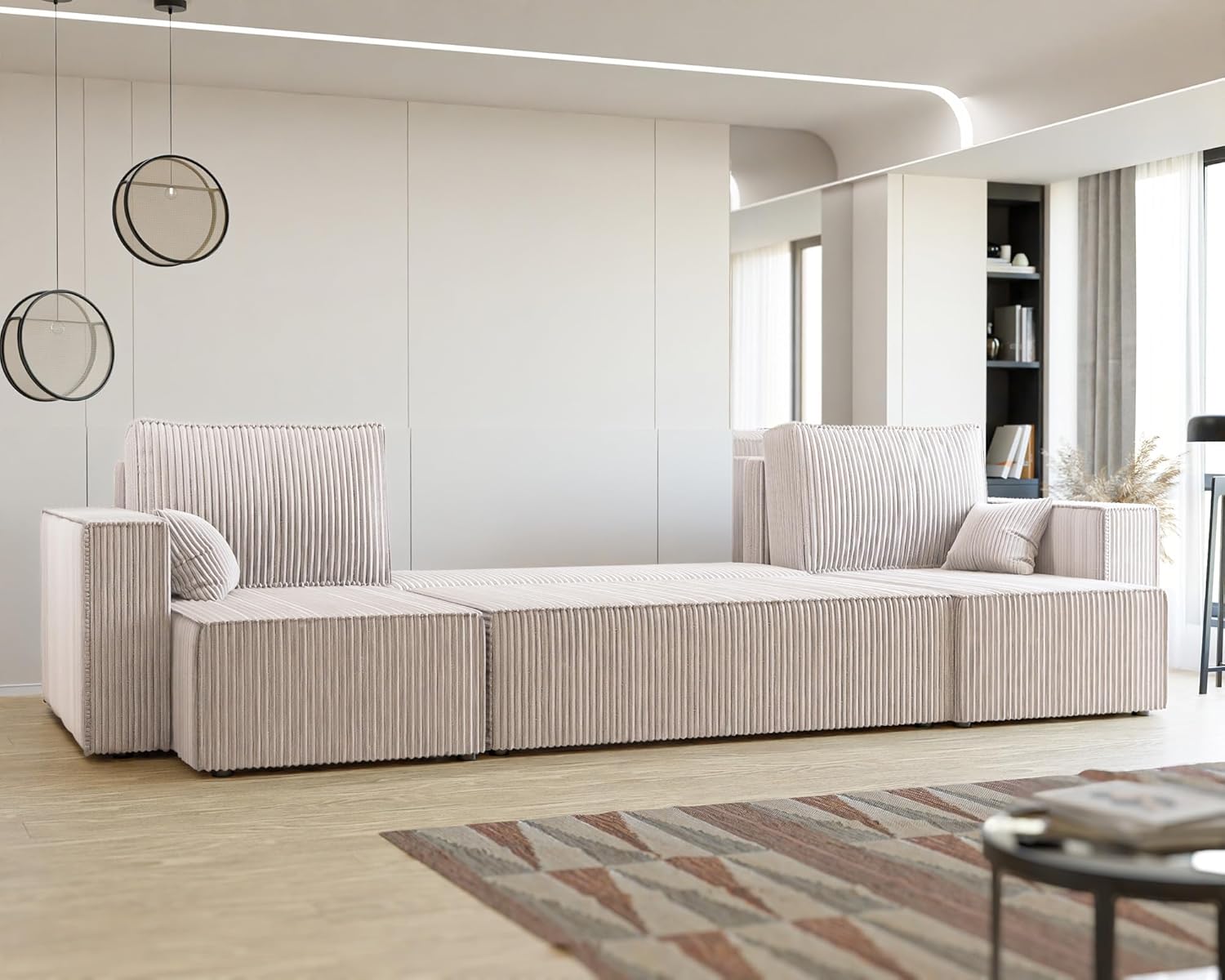 LIt Canapé en U 312x145 Canapé Panoramique Convertible Velours Cotelé Beige Sofa XL Surface de Couchage 268 x 125 cm Poso 100
