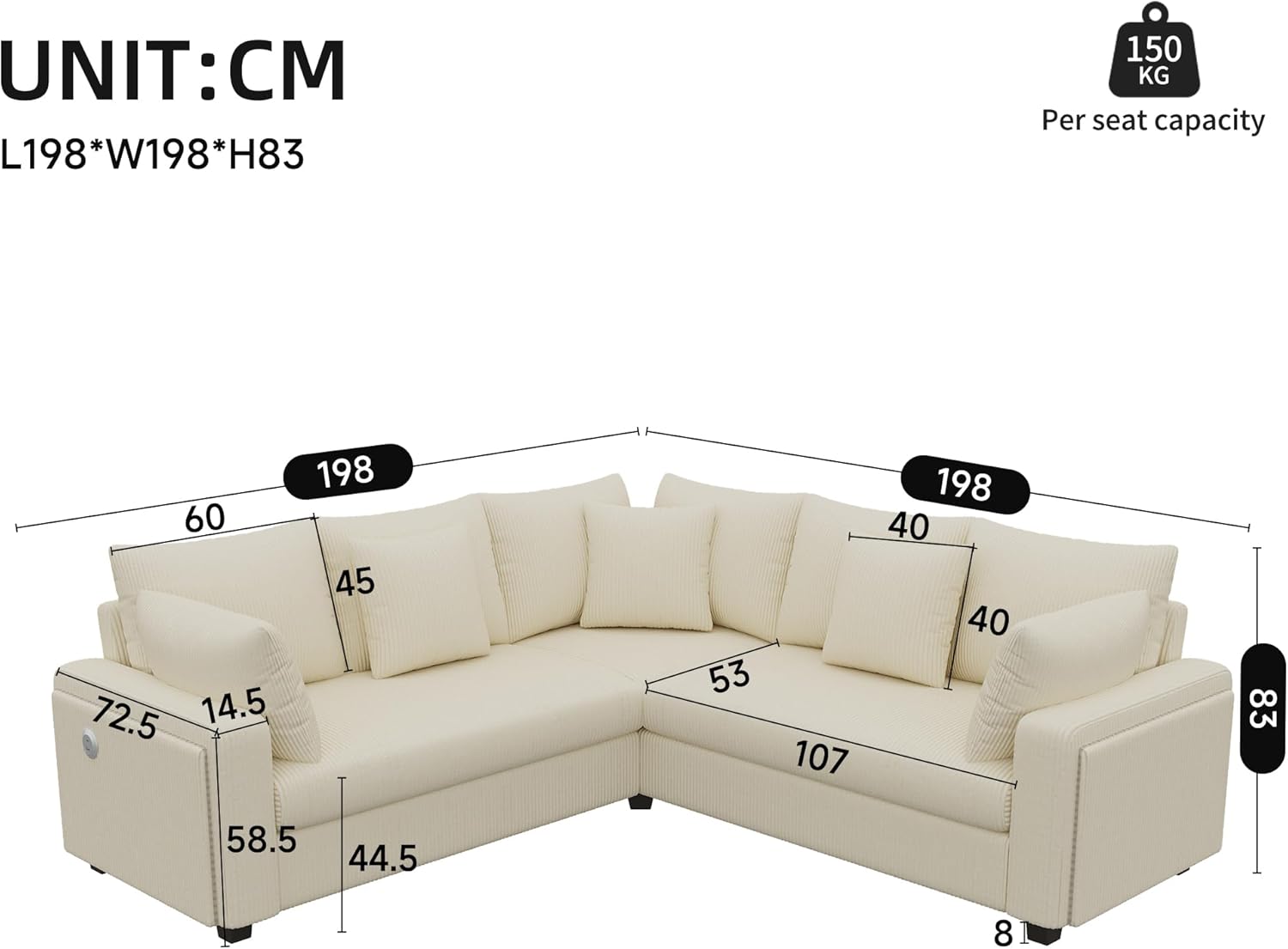 198 × 198 × 83 cm Canapé d'angle 5 Places, avec LED et Port USB, Canape d Angle Convertible, Canapé Modulable en L, Mousse Haute Densité, Cadre en Bois, pour Salon, Chambre à Coucher (Beige) Beige-3