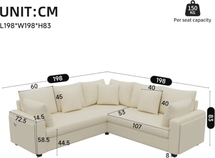 198 × 198 × 83 cm Canapé d'angle 5 Places, avec LED et Port USB, Canape d Angle Convertible, Canapé Modulable en L, Mousse Haute Densité, Cadre en Bois, pour Salon, Chambre à Coucher (Beige) Beige-3