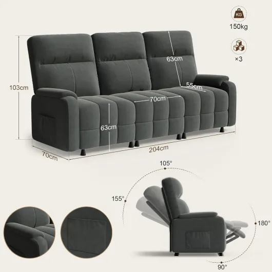 Canapé électrique 3 Places, Canapé Relax inclinable jusqu'à 155°, Idéal pour Une Utilisation Domestique, Port USB et Poche latérale, 202×83×102 cm, Gris P83 × L202 cm Gris