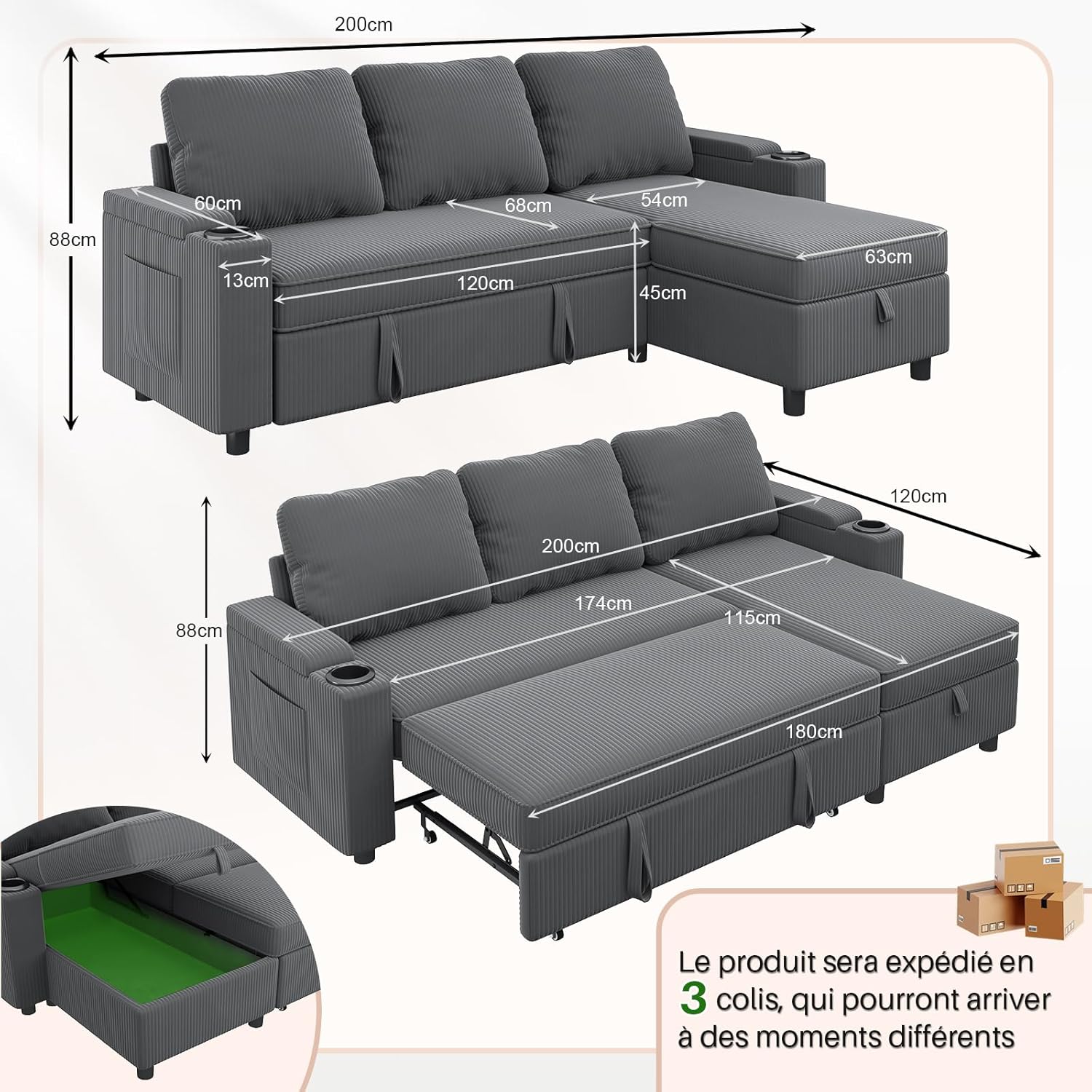 JUMMICO Canapé d'angle Convertible 3 Places, canapé lit avec Rangement intégré et accoudoirs multifonctionnels, idéal pour Salon, Bureau et Petit Appartement, Design Moderne et Pratique,Gris