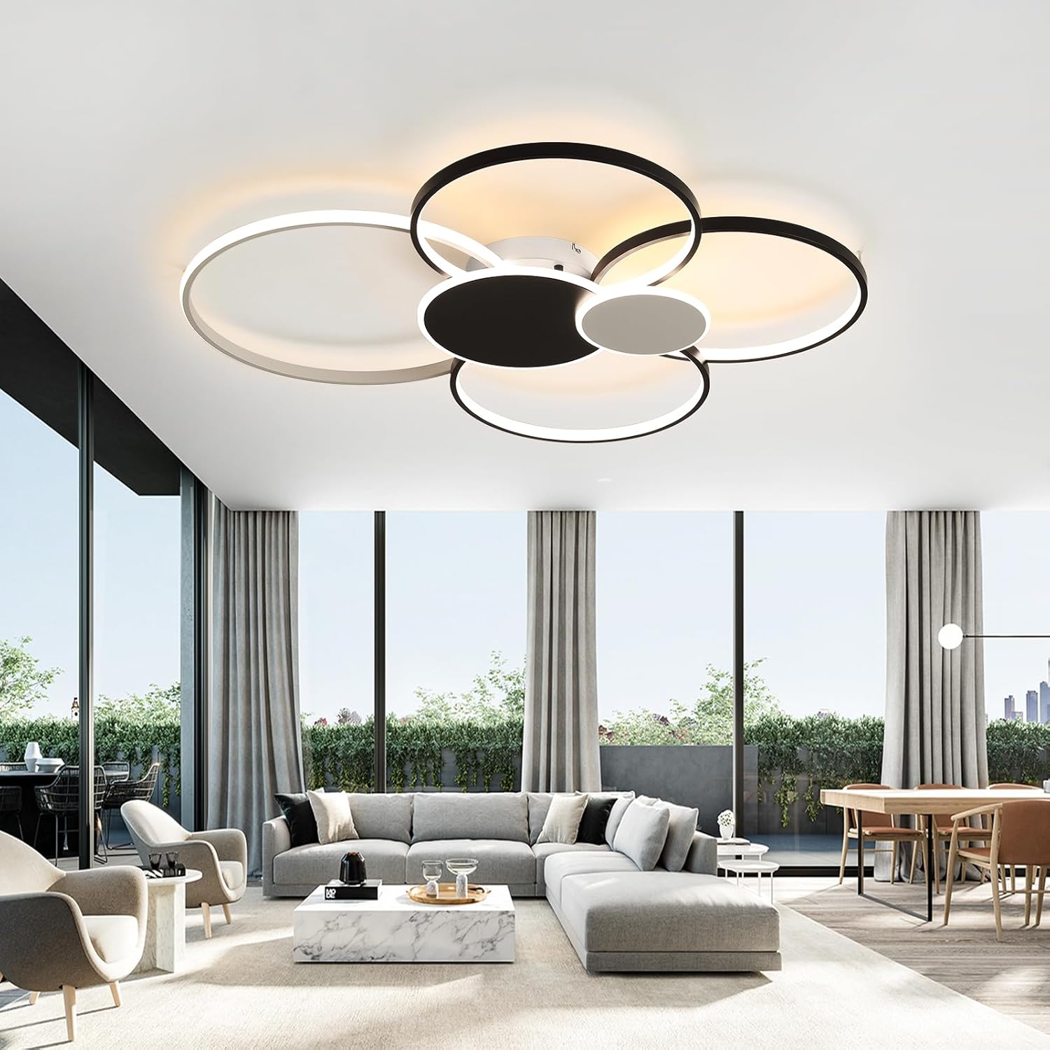 Lampes De Plafond Dimmable LED Salon Plafonnier Avec Télécommande Plafonnier Anneau Rond Créatif Design Plafonniers En Métal Pour Chambre Cuisine Salle À Manger Bureau Lamp Suspensions (Black-100CM)
