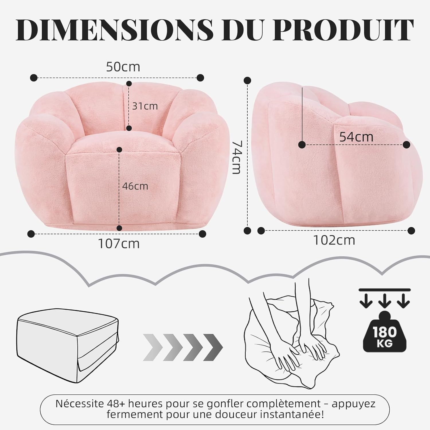 Pouf pour Adulte avec Rembourrage, Pouf en Forme de pétale, Grand Pouf en Fourrure synthétique, Fauteuil de Salon Confortable, Mousse Haute densité, Chambre à Coucher, Salon, Rose Rose Clair