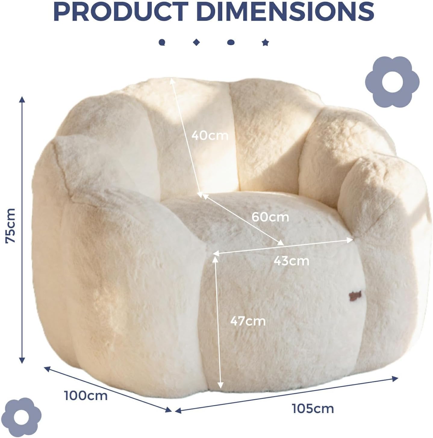 Pouf Salon & Chambre, Floral Forme Bean Bag 2 Places avec Remplissage à Mémoire de Forme, Fausse Fourrure Douce, Taille Géante Fauteuil Pouf Poire Crème 105*105*78