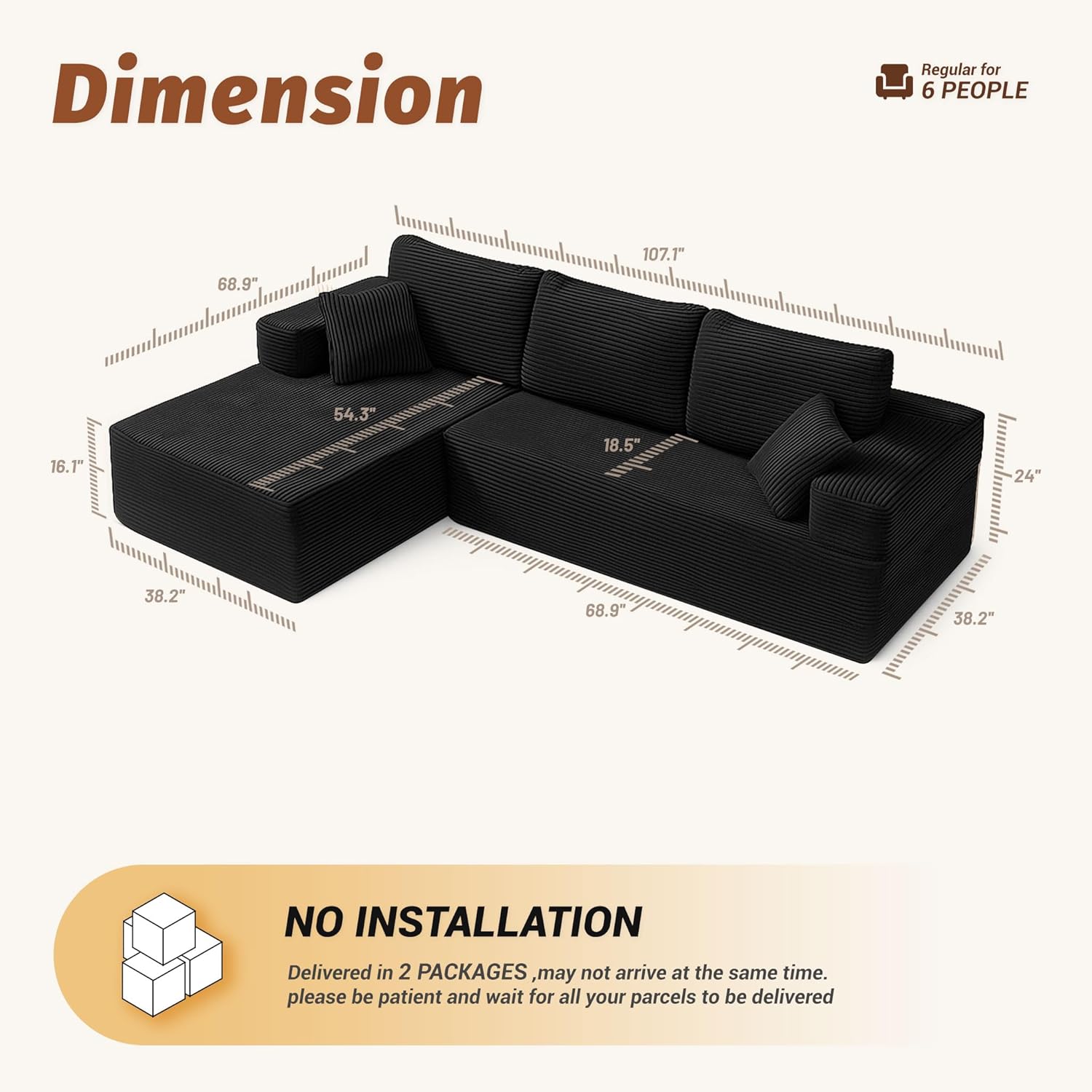 Canapé d'angle en Forme de L avec Fonction Couchage - Canapé modulaire avec méridienne Gauche - Assise Extra Profonde - Canapé-lit pour Salon (Noir, Méridienne Droite (Vue de Face)) Noir Méridienne droite (vue de face)