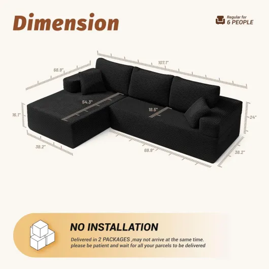 Canapé d'angle en Forme de L avec Fonction Couchage - Canapé modulaire avec méridienne Gauche - Assise Extra Profonde - Canapé-lit pour Salon (Noir, Méridienne Droite (Vue de Face)) Noir Méridienne droite (vue de face)