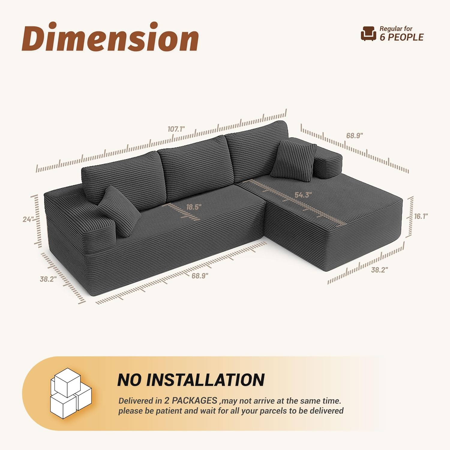 Canapé d'angle en Forme de L avec Fonction Couchage - Canapé modulaire avec méridienne Gauche - Assise Extra Profonde - Canapé-lit pour Salon (Gris, Méridienne Droite (Vue de Face)) Gris Méridienne droite (vue de face)