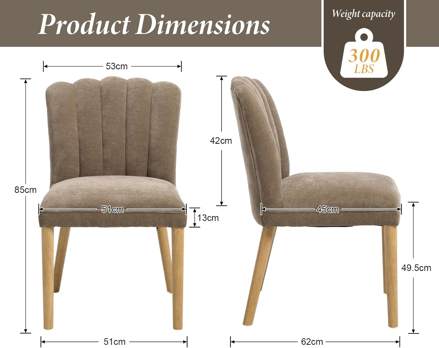 Lot de 2 Chaise de Salle à Manger Scandinave et Rétro Chaise de Cuisine en Chenille avec Dossier Matelassé en Coquillage Chaise de Salon Pieds en Bois, Marron Marron Normal 2