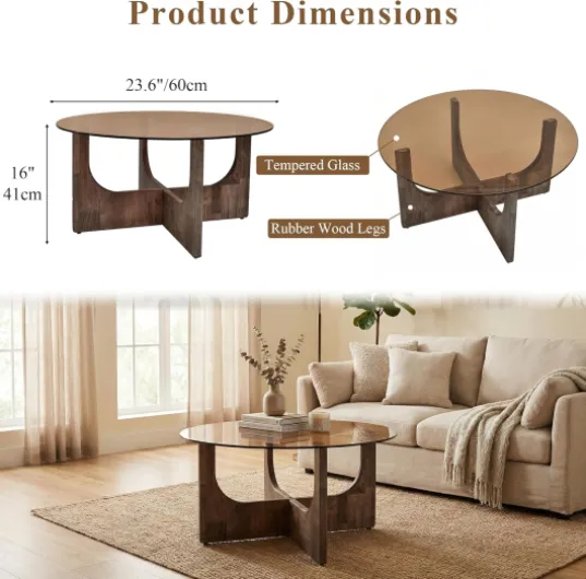 Table Basse Ronde en Verre Trempé et Bois Massif Noyer, Design Contemporain avec Base Sculptée, 60x60x43 cm (Grande Taille)