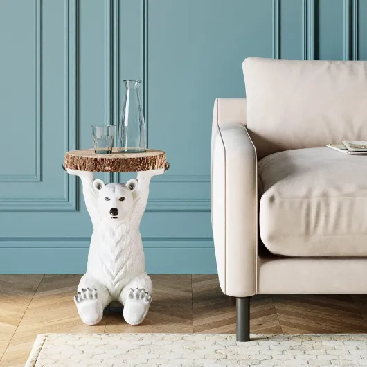 Kare Design Table d'Appoint Animal Polar Bear, Ours Polaire, Marron/Blanc, Rond, Diamètre 37 cm, Table de Salon, Meuble, Cadeau, Deco Intérieur, Décoration Chambre, Maison