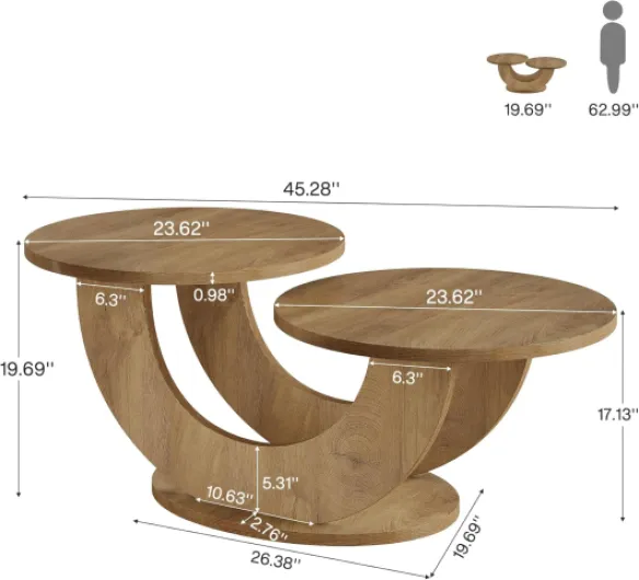 Table d'appoint ronde de 46 pouces, moderne table basse pour salon, cadre en forme de U, table basse d'accent pour maison, appartement, chêne