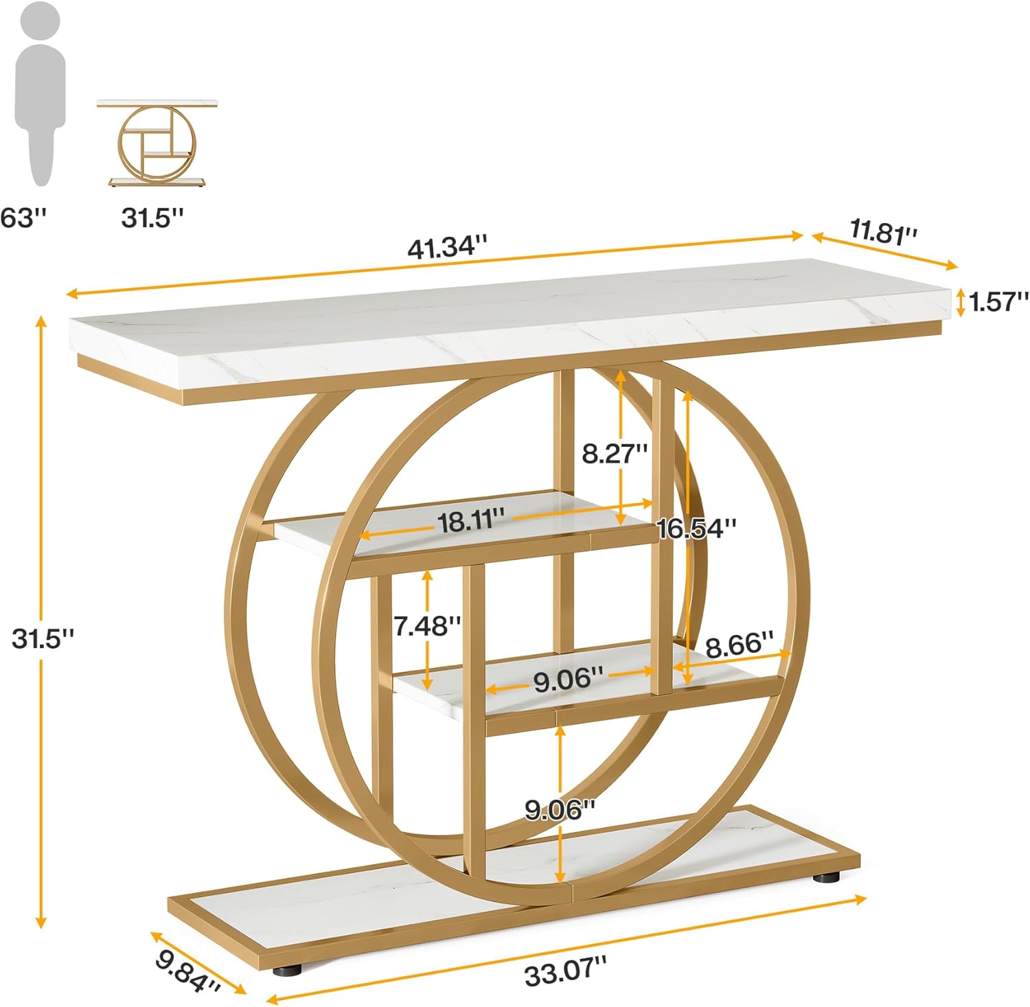 Console de Style Industriel de 105 cm, à 4 Niveaux avec Base Circulaire, étroite en Bois avec étagères de Rangement pour Salon et Couloir (Blanc/Doré)