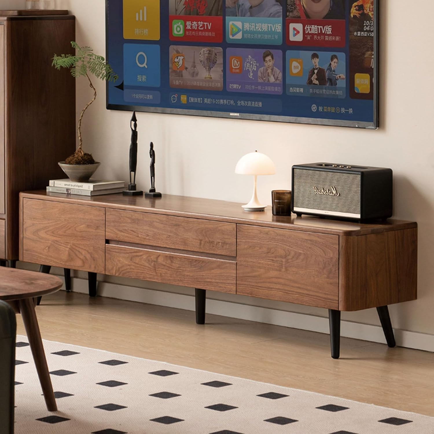 Meuble TV 180 cm en Noyer Massif, 2 Tiroirs & 2 Étagère Design Moderne au Milieu du Siècle, 180 x 39,6 x 46 cm, Noyer Naturel