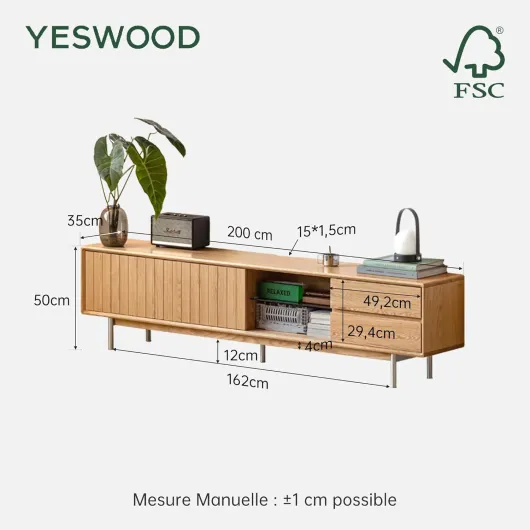 Meuble TV 200 cm en Chêne Massif, 2 Tiroirs & 2 Étagère, Design Minimaliste Moderne, 180 x 39,6 x 46 cm, Chêne Naturel