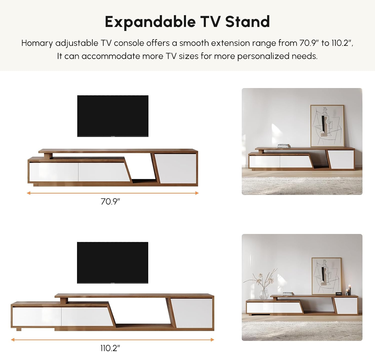 Meuble TV Extensible Bois avec 3 Tiroirs Spacieux, MDF Écologique, Rangement Ouvert, Design Moderne pour Salon, Installation à Gauche/Droite (Blanc) 180-280cm-blanc