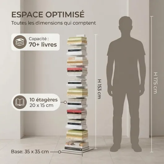 Bibliothèque Colonne Bibliothèque sur Pied en Métal Résistant avec Base 35x35 cm et 10 Étagères 20x15 cm - Étagère Colonne Design Moderne pour Salon et Bureau (Rouge, 153 cm) 153 cm Rouge