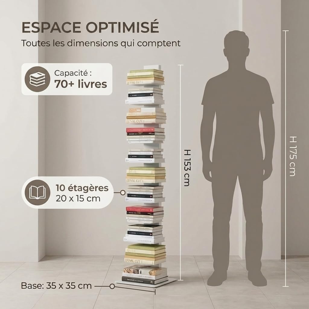 Flo.mar Bibliothèque Colonne Bibliothèque sur Pied en Métal Résistant avec Base 35x35 cm et 10 Étagères 20x15 cm - Étagère Colonne Design Moderne pour Salon et Bureau (Blanc, 153 cm)