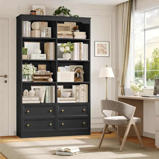 180cm Bibliothèque Meuble de Rangement avec 4 Tiroirs, Bibliotheque 8 Étagères, Bibliotheque Etagere Rangement pour Salon, Bureau, Salle à Manger 100x30x180cm Noire