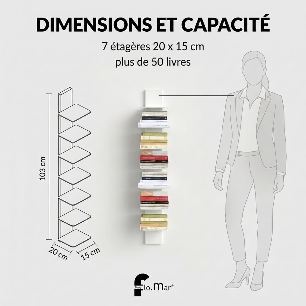 Flo.mar Bibliothèque Colonne Murale en Métal Résistant avec 7 Étagères 20x15 cm - Étagère Colonne Moderne pour Bibliothèque Livre Maison et Bureau (Blanc, 103 cm)