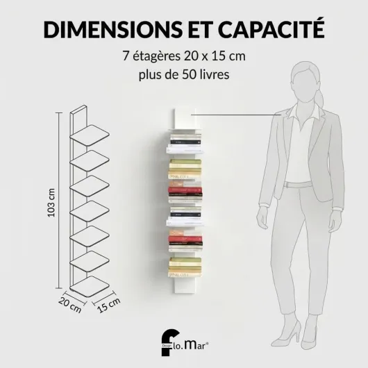 Flo.mar Bibliothèque Colonne Murale en Métal Résistant avec 7 Étagères 20x15 cm - Étagère Colonne Moderne pour Bibliothèque Livre Maison et Bureau (Blanc, 103 cm)